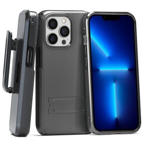 Black two-piece slim profile rubberized protective case with kickstand and strap holder for iPhone 14 Pro Max cell phones