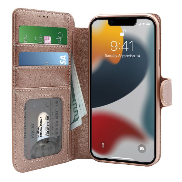 Rose gold folio wallet protective case for iPhone 14 cell phones