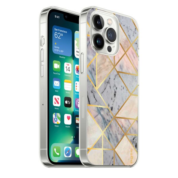 Marbled white protective case with gold designs for iPhone 14 Pro Max cell phones