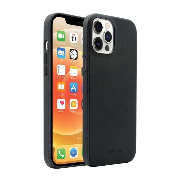 Black Vegan Leather protective case compatible with MagSafe wireless charging for iPhone 13 Pro cell phones